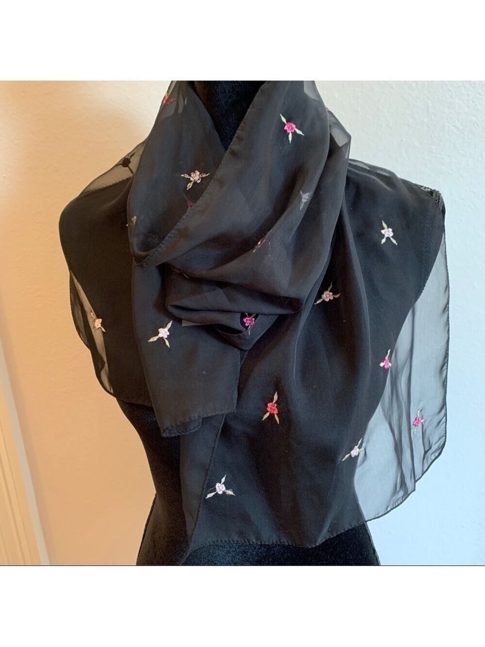 Vintage Black Embroidered Floral Scarf